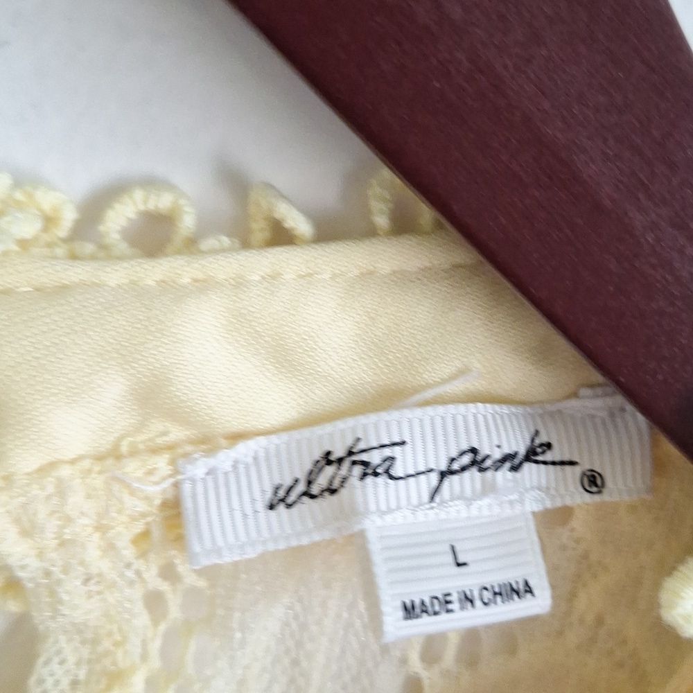 Ultra Pink Pastel Yellow Floral Lace Long Sleeve Blouse Mock Neck Size Large - Picture 6 of 7